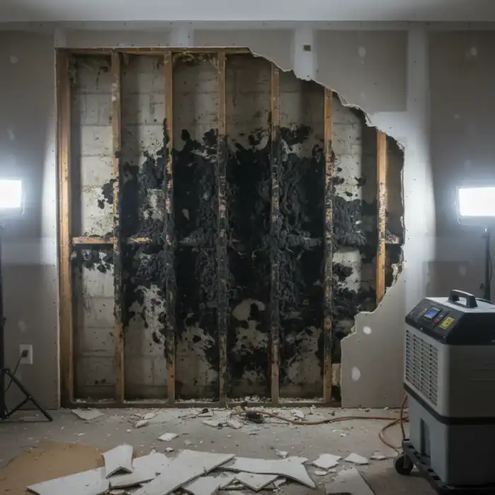 Mold discovered behind basement wall during renovation
