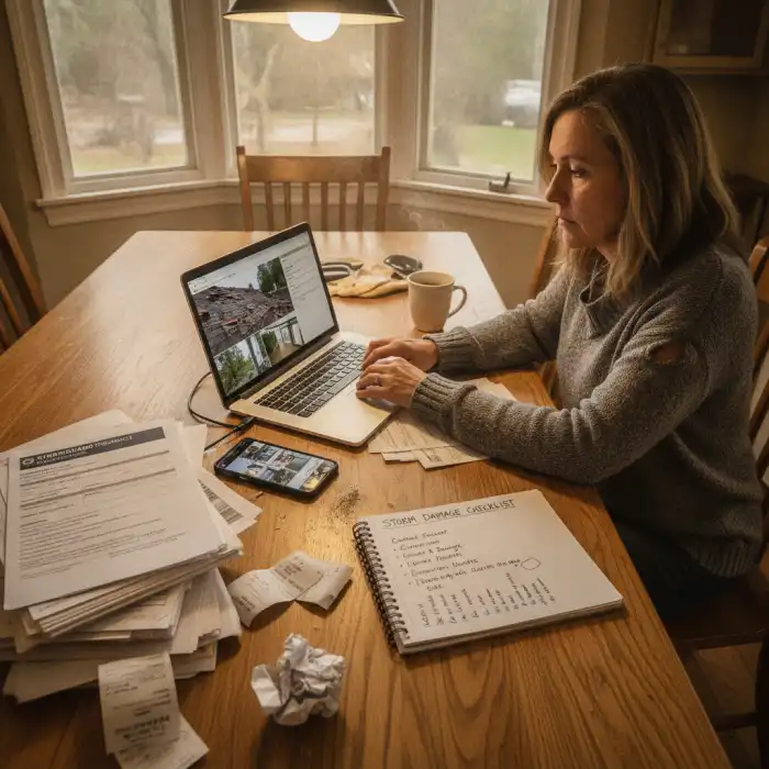 Connecticut homeowner organizing storm damage photos, insurance policy documents and receipts for a claim