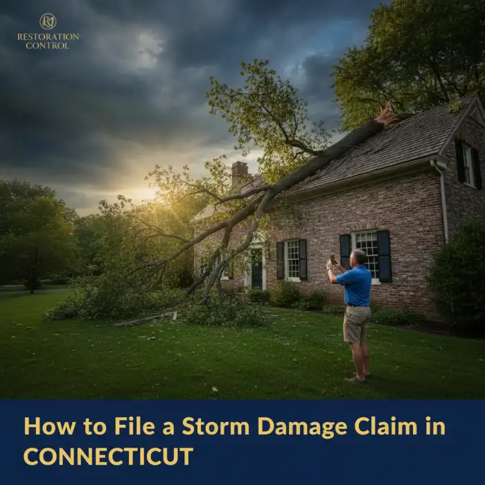 Homeowner photographing a large tree limb that fell on a Connecticut colonial home after the July 4th storm