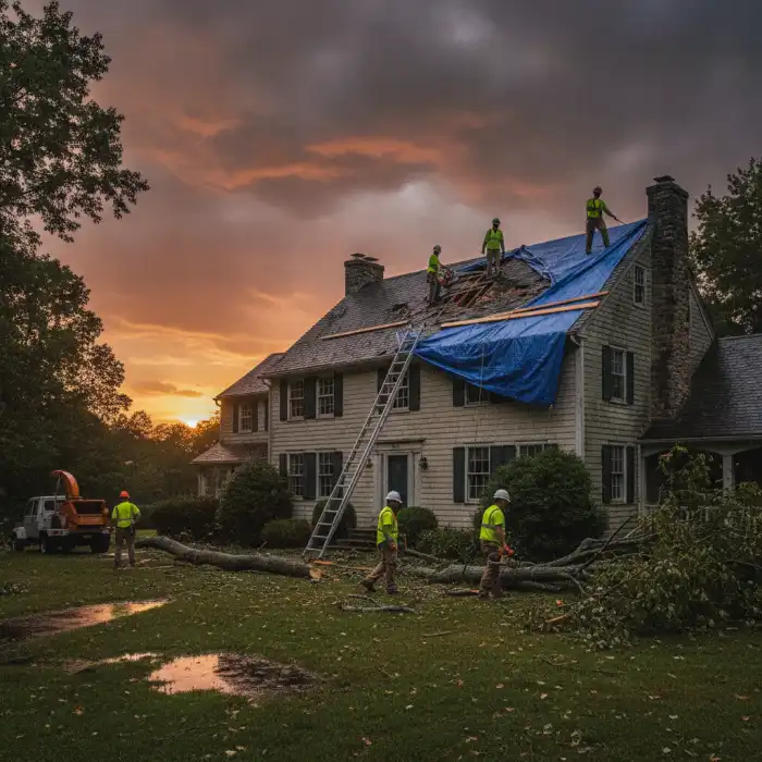 Restoration crew tarping a storm-damaged Connecticut roof at dusk while fallen branches are cleared below